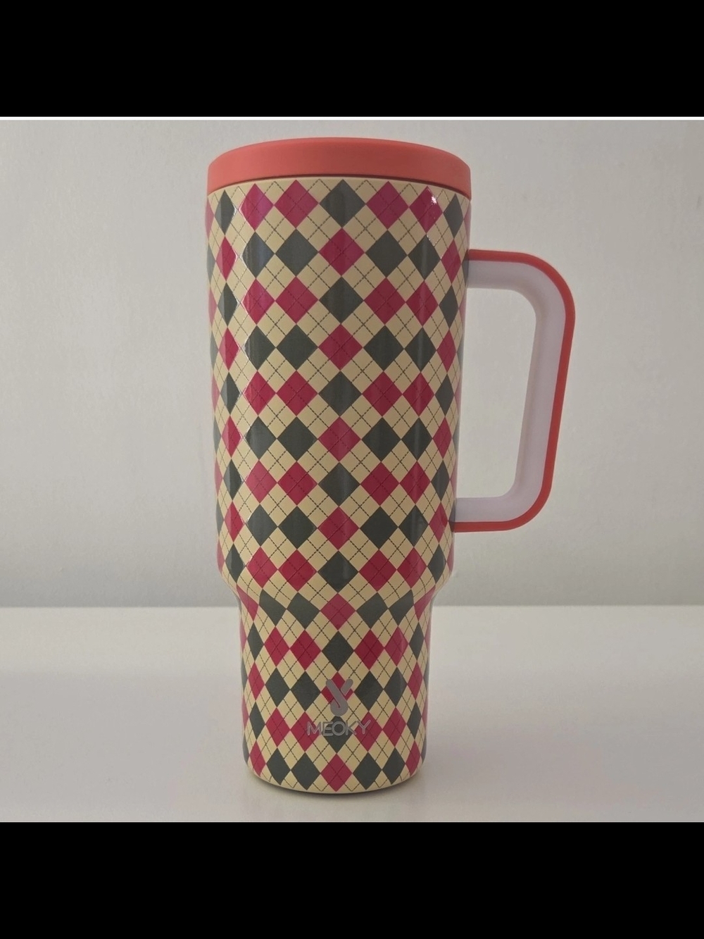 Meoky 40 oz Tumbler w/ Handle, Drink-Through Lid & Straw, Argyle Beige